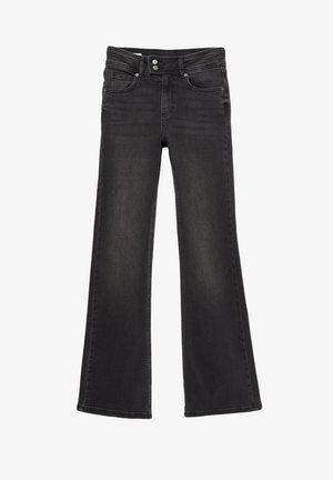 Schwarz gewaschene Jeans mit weitem Bein, Fronttaschen, Gürtelschlaufen und doppeltem Knopfverschluss in der Taille.