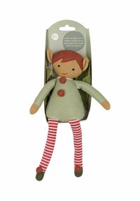 Stuffed elf doll with a green outfit, red buttons, striped red and white legs, and pointed ears. Includes a cardboard packaging.