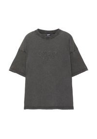 Dunkelgraues, übergroßes T-Shirt mit kurzen Ärmeln, geripptem Rundhalsausschnitt und einer strukturierten Grafik in der Mitte. Weicher, leicht ausgeblichener Stoff.