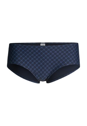 Caleçon pour homme bleu foncé avec un motif géométrique bleu clair et une petite étiquette noire sur la ceinture.