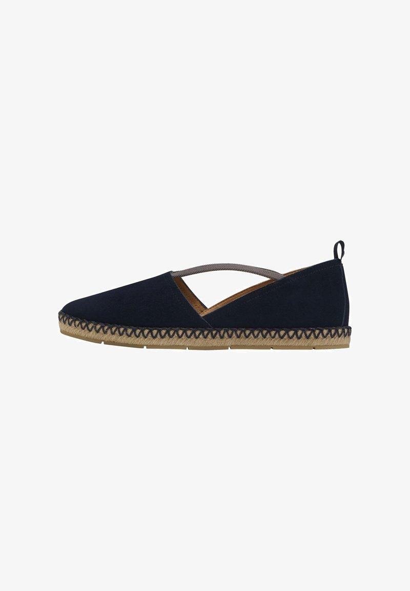 Dunkelblaue Espadrilles mit geschlossener Zehe, elastischem Kreuzriemendesign und juteumwickelter Sohle, verziert mit dekorativen Nähten.