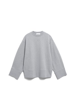 Lichtgrijs crewneck sweatshirt met lange mouwen en ribgebreide boorden, zoom en halslijn, weergegeven op een witte achtergrond.
