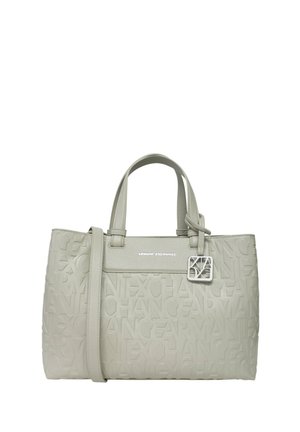 Borsa Armani Exchange grigio chiaro con motivo del logo in rilievo, due manici, tracolla rimovibile e ciondolo argentato del marchio.
