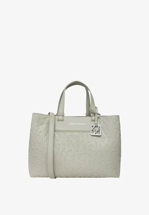 Borsa Armani Exchange grigio chiaro con motivo del logo in rilievo, due manici, tracolla rimovibile e ciondolo argentato del marchio.