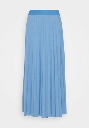 Falda midi plisada de talle alto en azul claro con una pretina lisa, presentada sobre un fondo blanco liso.