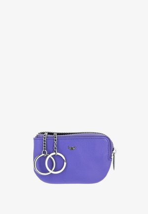 Small purple leather coin purse with silver zipper and two attached silver keyrings hanging from a short chain.