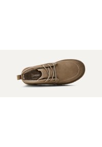 Zapato de ante en tono beige con punta redonda, cordones planos y detalles de costura. Presenta un forro interior suave y una suela flexible.