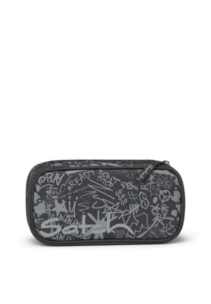Rectangular black pencil case with gray graffiti-style drawings and text, featuring a large "Satch" logo and a zipper on top.