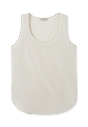 Witte mouwloze tanktop met een ronde halslijn, een gladde textuur en een gebogen zoom. Bevat subtiele zijnaadjes en een minimalistisch ontwerp.