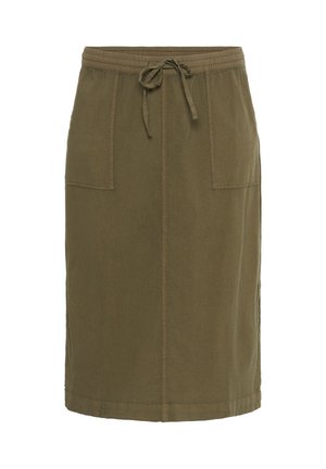 Fustă verde-măslinie până la genunchi, cu buzunare frontale și talie cu șnur, confecționată dintr-un material moale și casual.