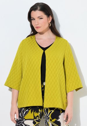 Kobieta ubrana w teksturowaną, limonkowo-zieloną, otwartą kurtkę, czarny top i wzorzyste kwieciste spodnie, z złotymi kolczykami-kołami, stojąca na białym tle.