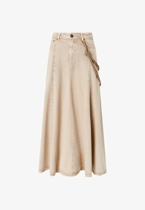 Falda acampanada beige hasta el tobillo con costura frontal, trabillas para cinturón, bolsillos delanteros, cierre con botones y un accesorio de cuerda anudada en el lado derecho.