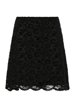 Black lace skirt featuring a floral pattern, scalloped hem, and a fitted waistband. Made of breathable material, offering a textured appearance.