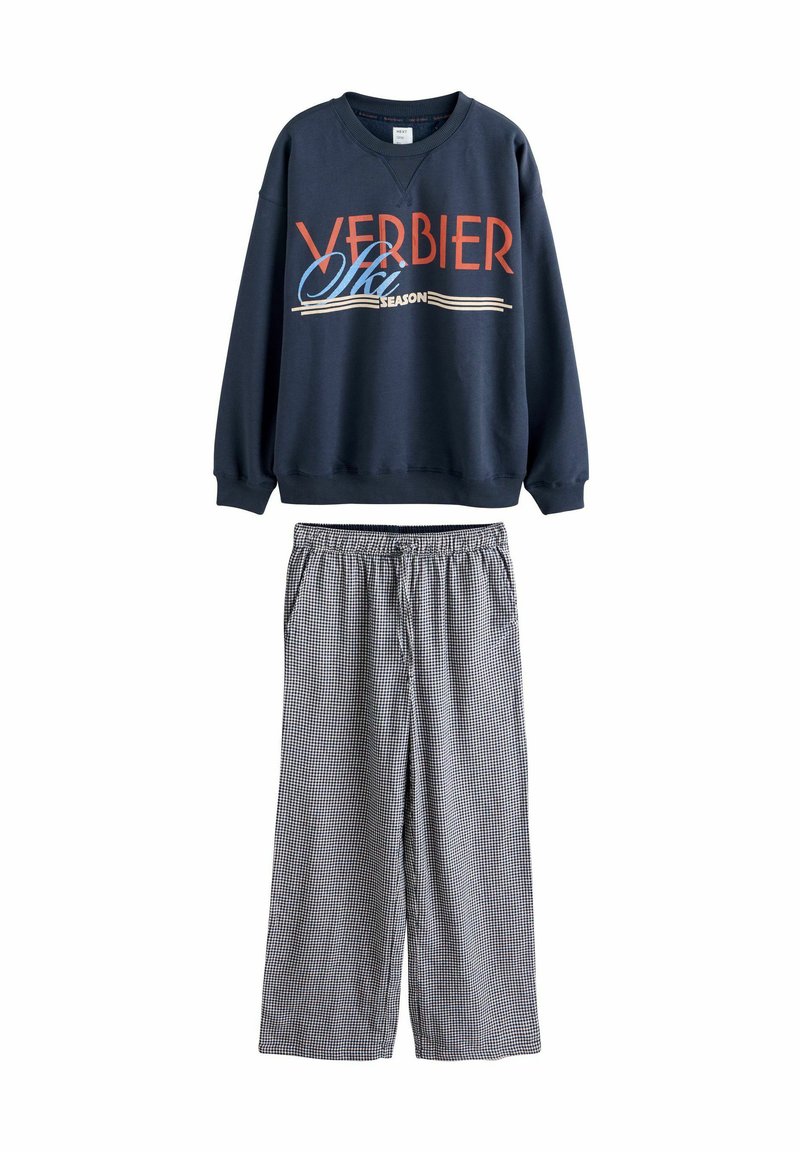 Meresinine dressipluus punase ja sinise "VERBIER" graafikaga, hallide ja valgete ruuduliste laiade pükstega, elastse vöökohaga.