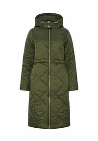 Abrigo largo acolchado color verde olivo con capucha y cremallera frontal, cintura con cordón y botones a presión en la capucha.