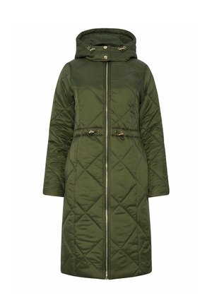 Olivgrüner, gesteppten langer Kapuzenmantel mit Frontreißverschluss, Kordelzug an der Taille und Druckknöpfen an der Kapuze.