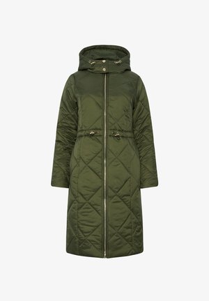 Olivgrüner, gesteppten langer Kapuzenmantel mit Frontreißverschluss, Kordelzug an der Taille und Druckknöpfen an der Kapuze.