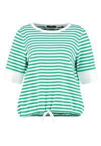 Grönvitrandig kortärmad topp, rund halsringning, med en samlad nederkant som har dragsko och enhetliga vita tygdetaljer.