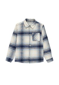 Hemd mit Knopfleiste in blauem und cremefarbenem Karo, lange Ärmel, Kragen und Brusttasche. Hergestellt aus weichem Stoff mit strukturierter Oberfläche.