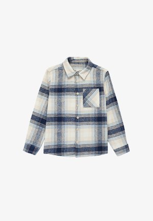 Camicia con bottoni, motivo a quadri blu e crema, maniche lunghe, colletto e taschino sul petto. Realizzata in tessuto morbido con finitura testurizzata.