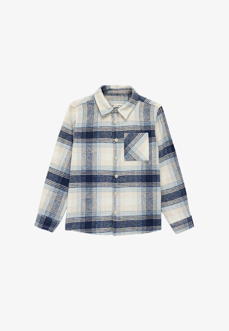 Hemd mit Knopfleiste in blauem und cremefarbenem Karo, lange Ärmel, Kragen und Brusttasche. Hergestellt aus weichem Stoff mit strukturierter Oberfläche.