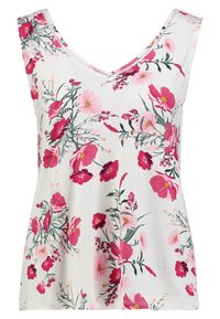 Top bianco senza maniche con scollo a V, decorato con motivi floreali rosa e rossi e steli verdi.