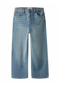 Lyseblå jeans med vide ben laget av denim, med klassisk design med fem lommer, knapp- og glidelåslukking, og lett falming.