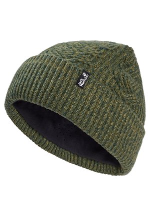 Berretto invernale verde lavorato a maglia con polsino a coste e fodera in pile nera, con una piccola etichetta nera con il logo Jack Wolfskin sul lato.