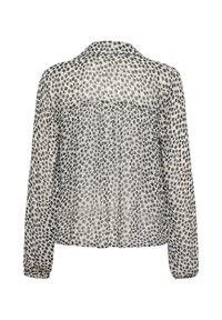 Durchsichtige Bluse mit Blumenmuster und langen Ärmeln, Schwarz-Weiß-Muster, mit Kragen, plissierter Rücken, leichtes Material.