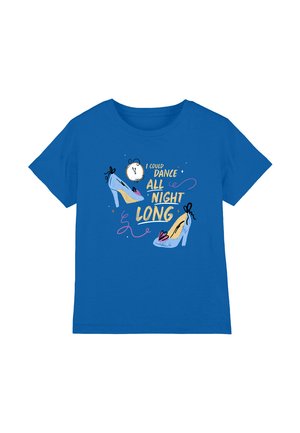 Blue cotton t-shirt featuring high-heel illustrations, playful text, and colorful accents. Artwork includes a clock and swirls.