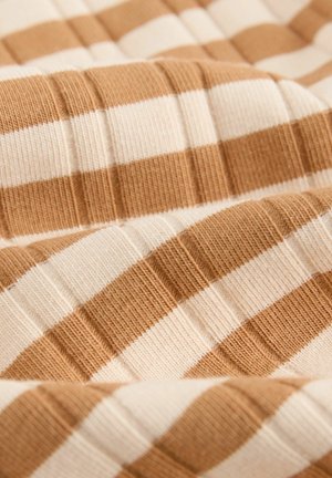 Striped fabric with alternating brown and cream colors, featuring a textured woven pattern and a soft, ribbed surface.