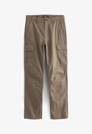 Housut khaki-kankasta, joissa on useita sivutaskuja, klassinen malli, suoralahkeinen muotoilu ja vahvistetut saumat.