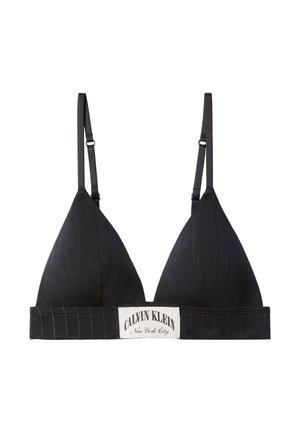 Schwarzes dreieckiges Bralette mit dünnen, verstellbaren Trägern und einem breiten Band mit weißem Calvin Klein New York City Logo-Patch.