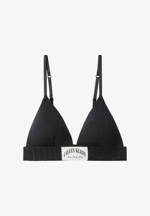 Zwarte driehoekige bralette met dunne verstelbare bandjes en een brede band met een witte Calvin Klein New York City-logo patch.