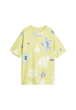 Hellgelbes, übergroßes T-Shirt mit blauem Blumendruck. Kurze Ärmel, runder Halsausschnitt, auf der Vorderseite befindet sich ein kleines Logo. Weicher Stoff.