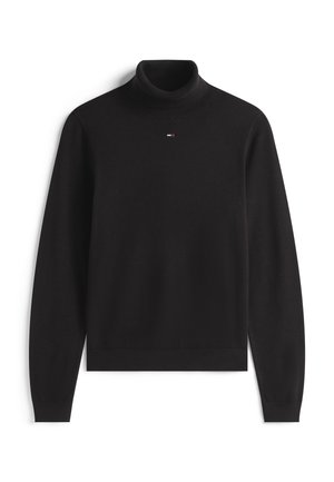 Maglione nero a maniche lunghe con collo alto, dotato di un piccolo logo rosso, bianco e blu centrato sul petto.