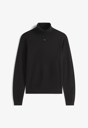 Maglione nero a maniche lunghe con collo alto, dotato di un piccolo logo rosso, bianco e blu centrato sul petto.