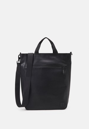 Black tote bag made of smooth synthetic material with a zippered front pocket, dual top handles, and a detachable shoulder strap.