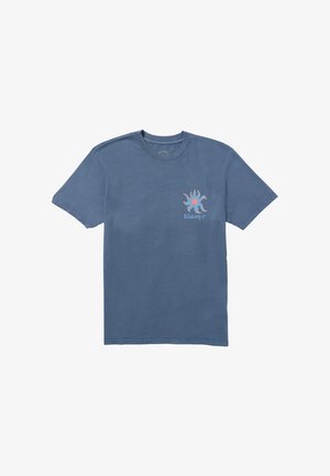 Blue cotton t-shirt with short sleeves. Features a colorful spider logo on the left chest area. Classic crew neck design.