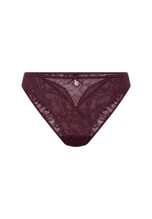 Culotte en dentelle bordeaux avec des motifs floraux, une texture douce, et un petit nœud accentuant le devant. Semi-transparent avec un dos plein.