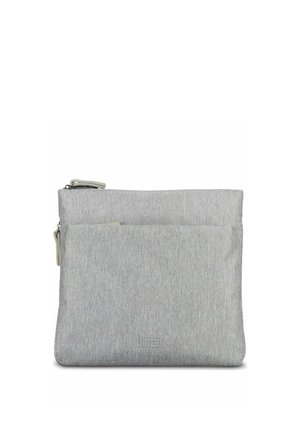 Bustina in tessuto grigio chiaro con tasca frontale e chiusura superiore con zip, forma rettangolare e motivo testurizzato sottile.