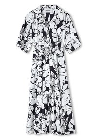 Blommig mönstrad klänning med svartvitt mönster, korta ärmar, knapplist framtill och knutdetalj i midjan. Mjukt, lätt tyg.