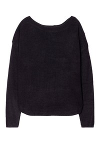 Schwarzer gestrickter Pullover mit weitem Boot-Ausschnitt, überschnittenen Schultern und gerippter Textur. Verfügt über lange Ärmel und einen lockeren Schnitt.