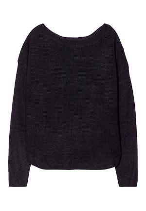 Jersey negro de punto con un amplio escote barco, hombros caídos y textura acanalada. Presenta mangas largas y un corte holgado.