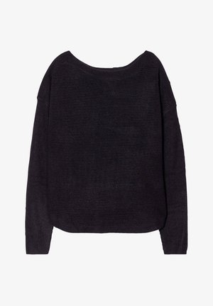 Black knitted sweater with a wide boat neckline, dropped shoulders, and ribbed texture. Features long sleeves and a relaxed fit.