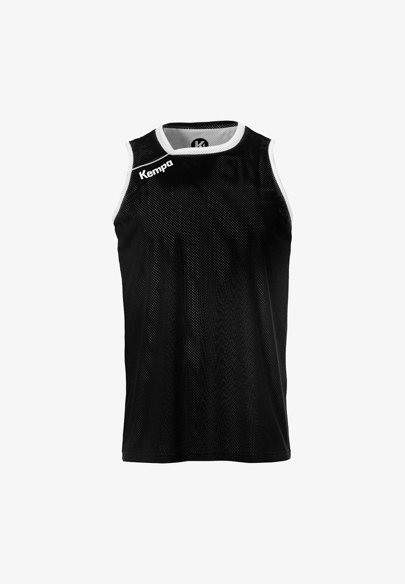 Schwarzes ärmelloses Sporttrikot aus Netzstoff, mit weißen Akzenten am Kragen und den Armausschnitten, featuring das "Kempa"-Logo auf der Vorderseite.