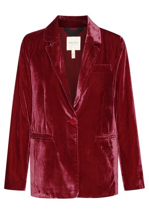 Blazer in velluto cremisi con maniche lunghe, revers a punta, chiusura con un solo bottone e due tasche frontali. Tessuto liscio e leggero lucido.