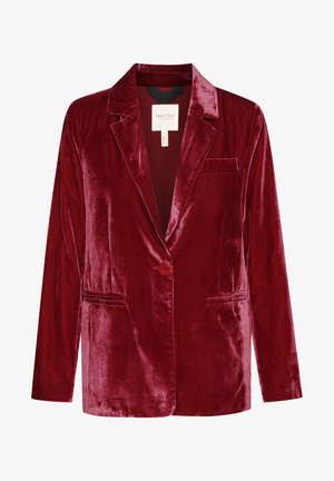 Kraftig rød fløjl blazer med lange ærmer, notch-lapel, enkelt knaplukning og to forlommer. Glat tekstur og subtil glans.