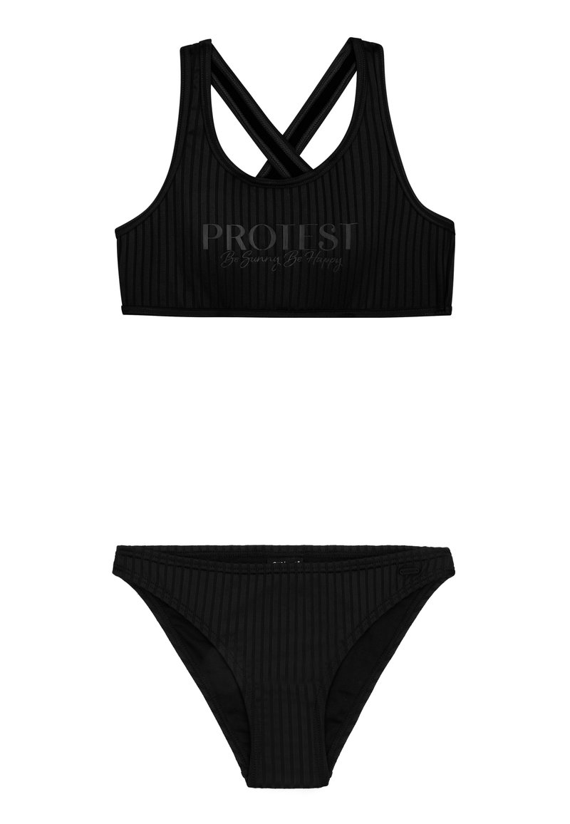 Crni rebrasti bikini set koji se sastoji od kroparenog topa s križnim trakama i odgovarajućih donjih gaćica niskog struka. Tkanina ima glatku teksturu.