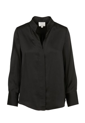 Black silk blouse with a collar, long sleeves, and a concealed front placket. Smooth texture and straight hem with side slits.